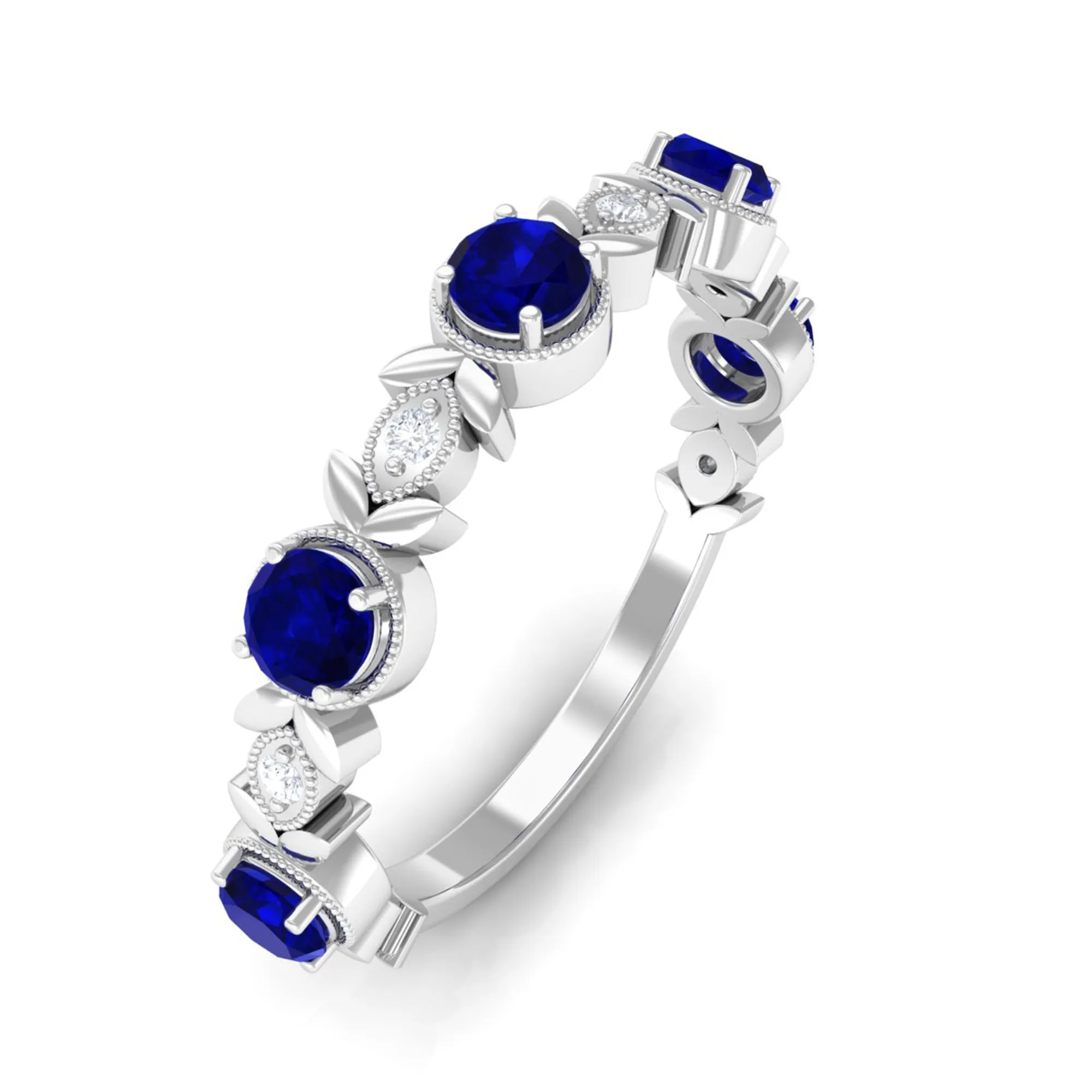 1 CT Floral Inspired Blue Sapphire and Diamond Half Eternity Ring
