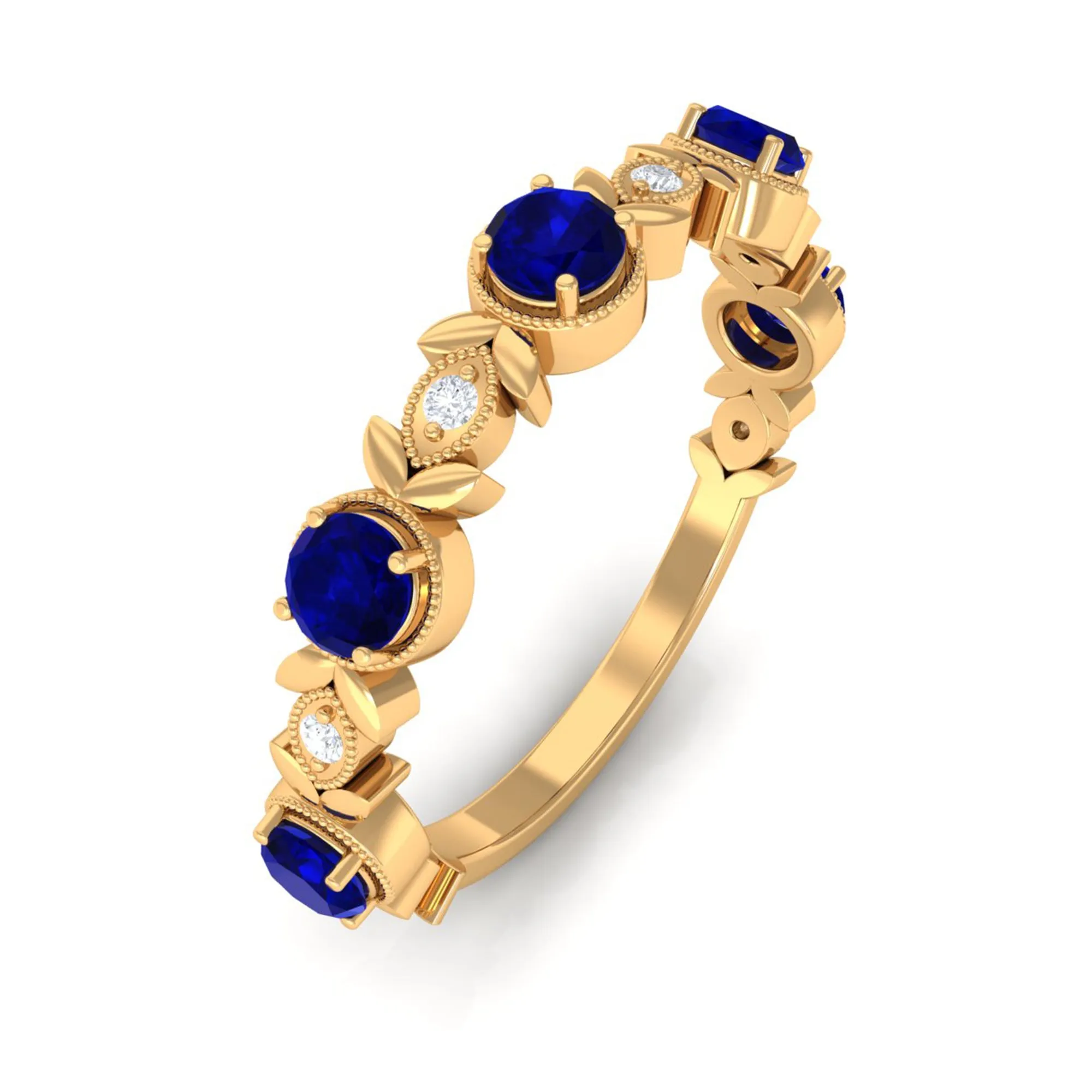 1 CT Floral Inspired Blue Sapphire and Diamond Half Eternity Ring