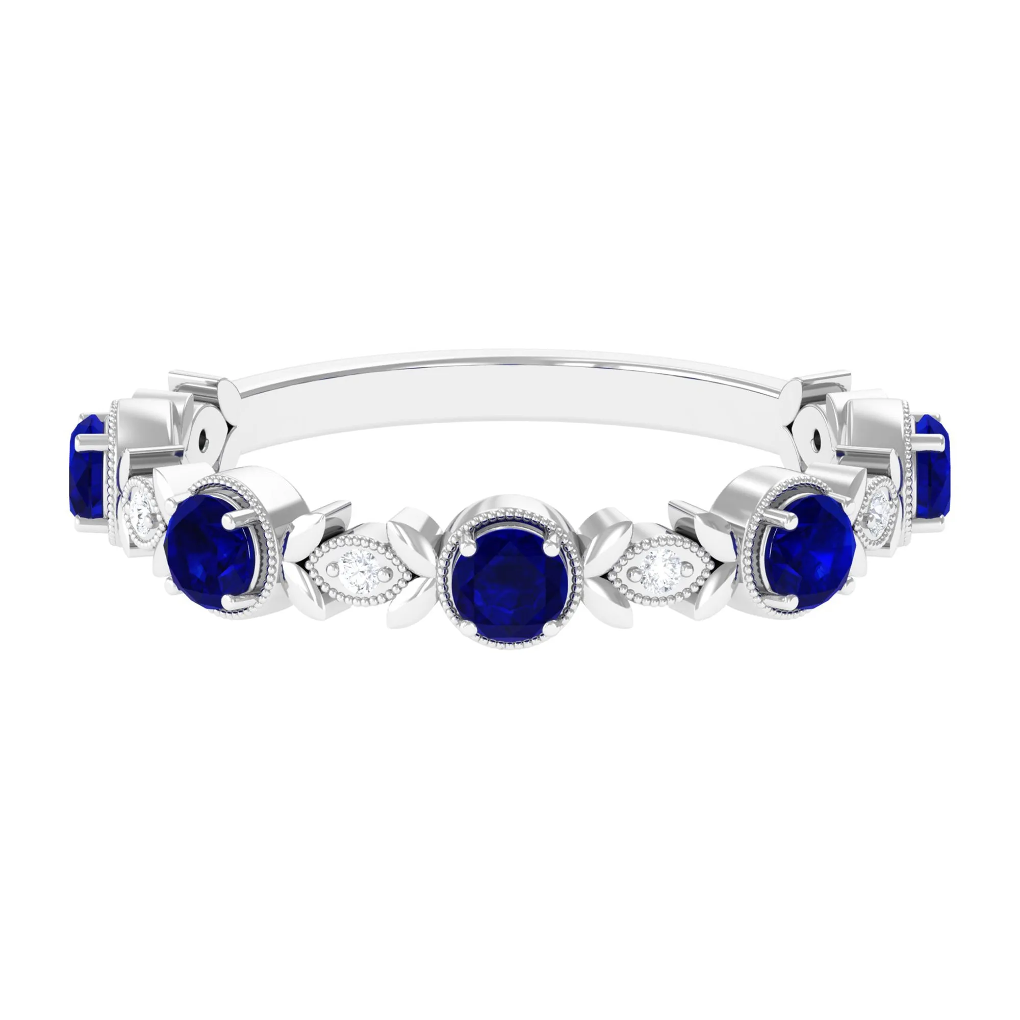 1 CT Floral Inspired Blue Sapphire and Diamond Half Eternity Ring