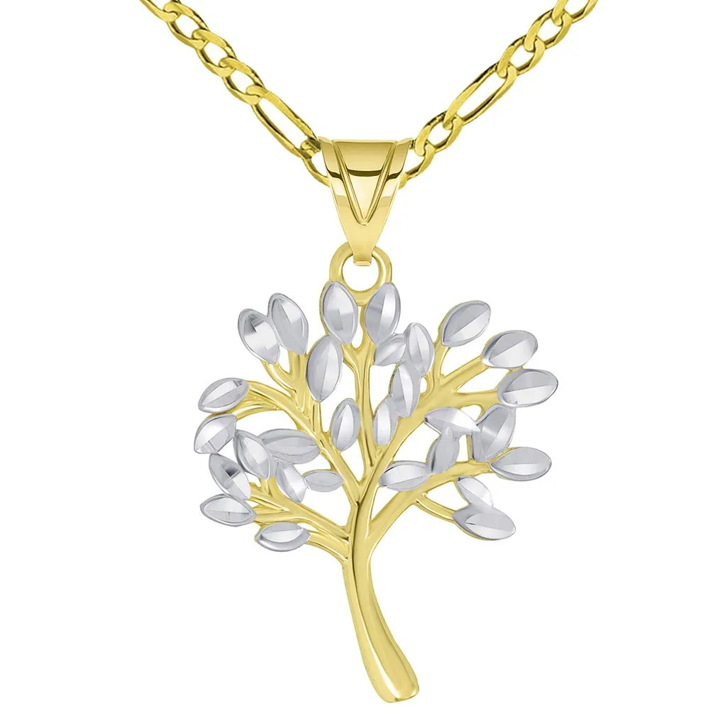 14k Solid Yellow Gold Textured Two Tone Tree of Life Pendant Necklace Available with Rolo, Curb, or Figaro Chain