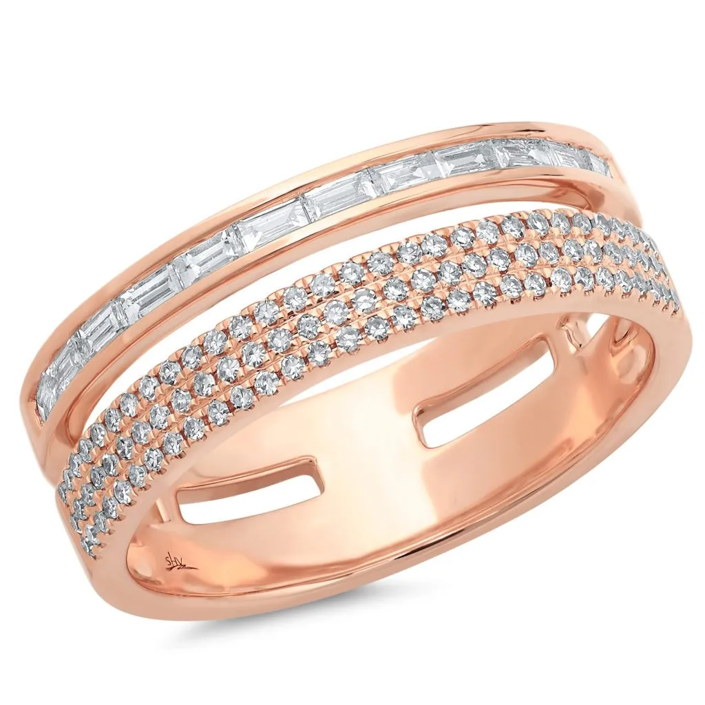 14K White Gold Baguette and Triple Row Diamond Ring