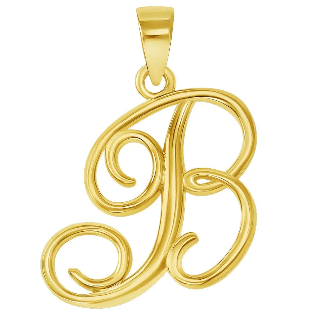 14k Yellow Gold Elegant Script Letter B Cursive Initial Pendant with Figaro Chain Necklace