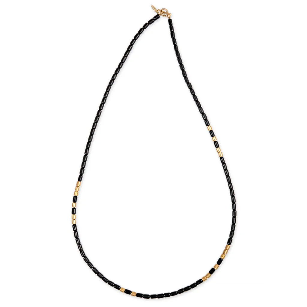 18 GOLD BEADS   ONYX TUBE BEADED NECKLACE