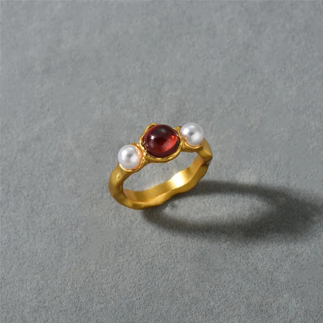 18K Gold Pearl Red stone Ring