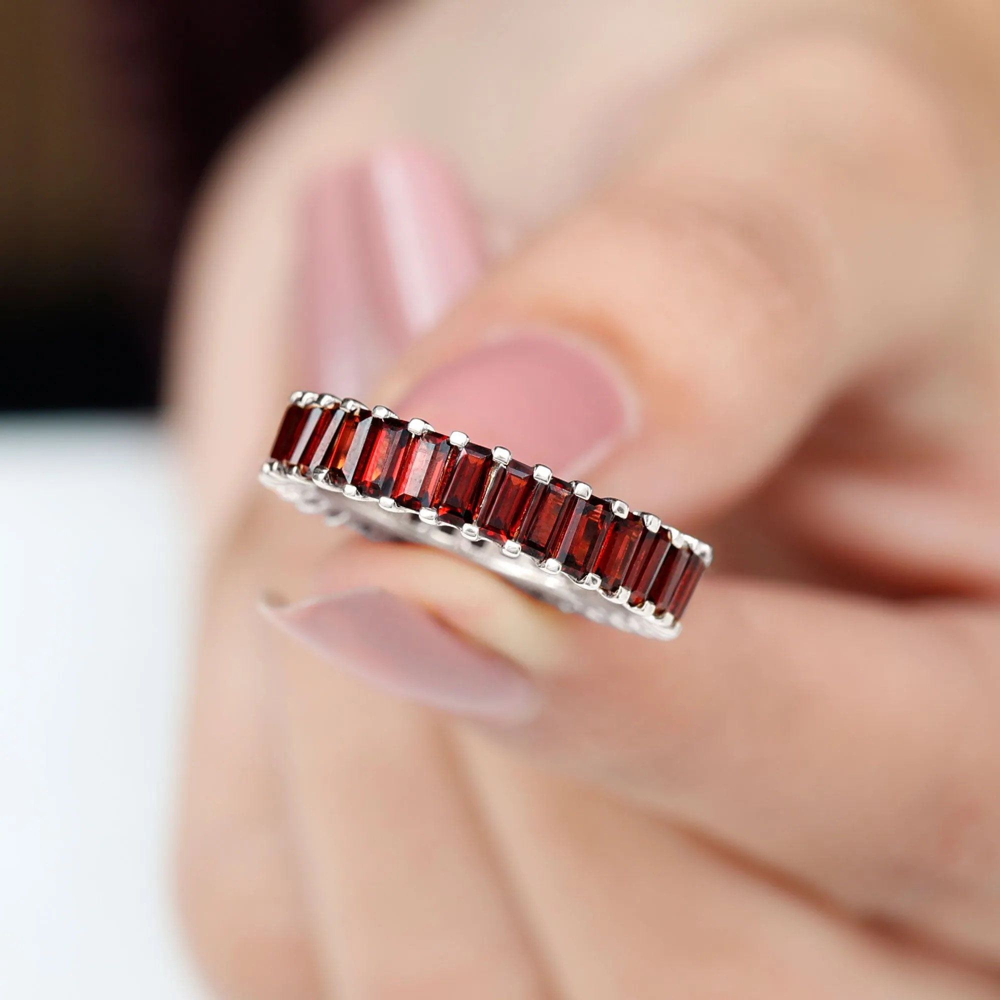 7 CTW Baguette Cut Garnet Eternity Ring in Shared Prong Setting