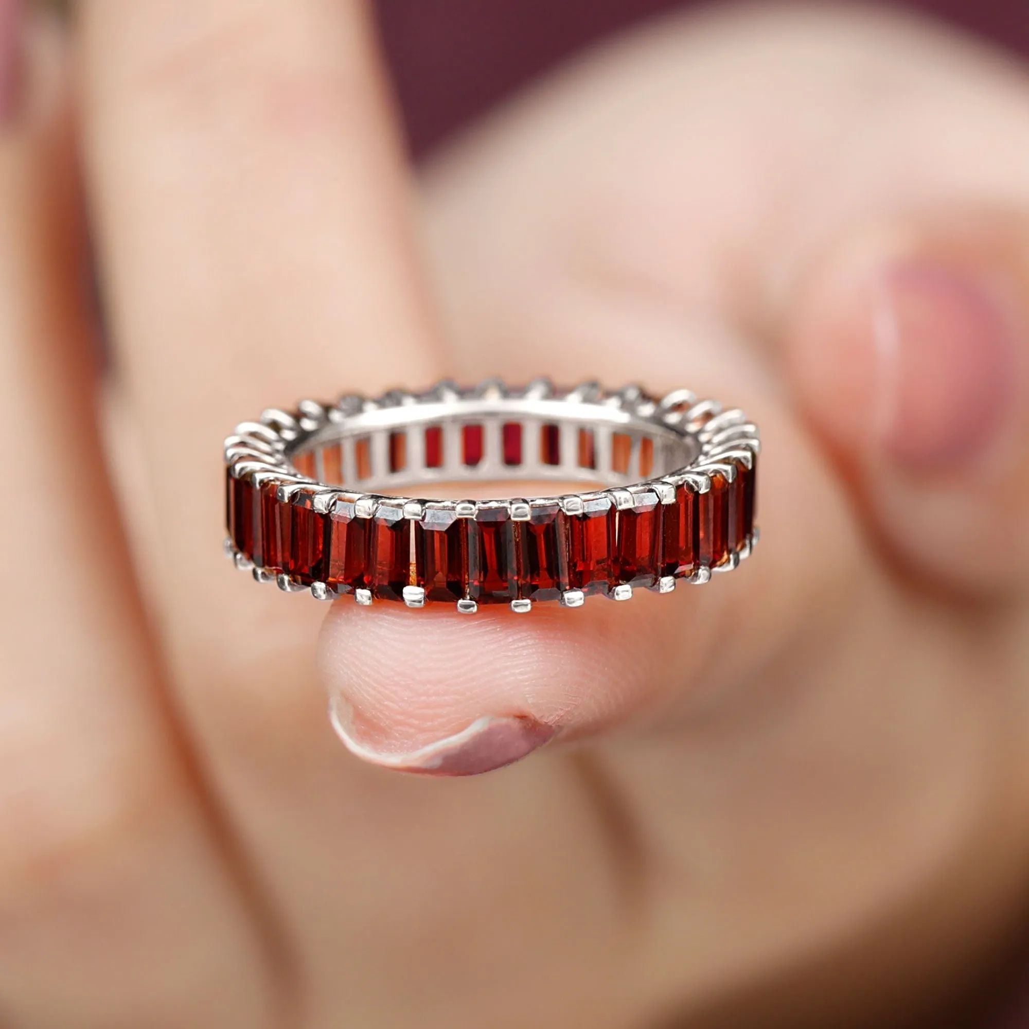 7 CTW Baguette Cut Garnet Eternity Ring in Shared Prong Setting
