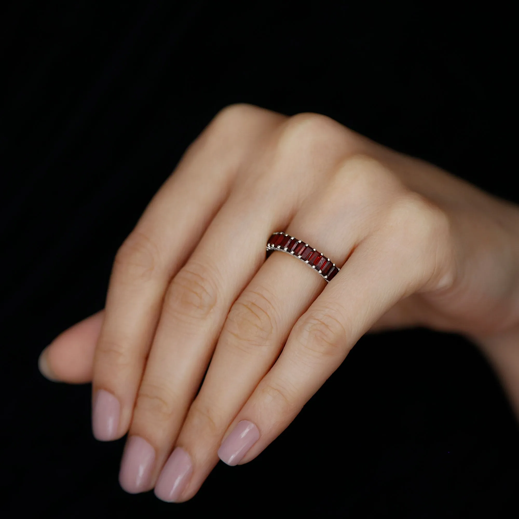 7 CTW Baguette Cut Garnet Eternity Ring in Shared Prong Setting