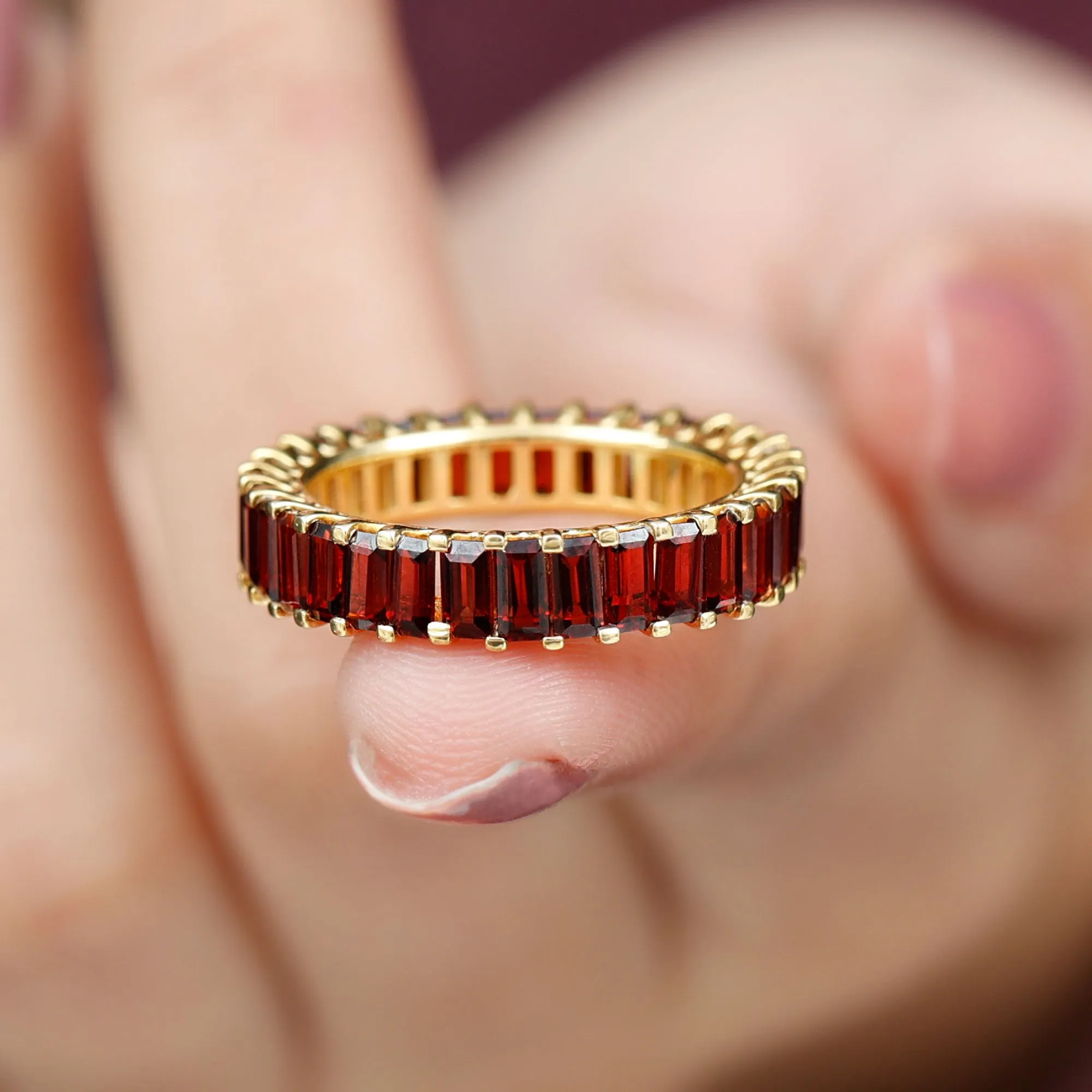 7 CTW Baguette Cut Garnet Eternity Ring in Shared Prong Setting