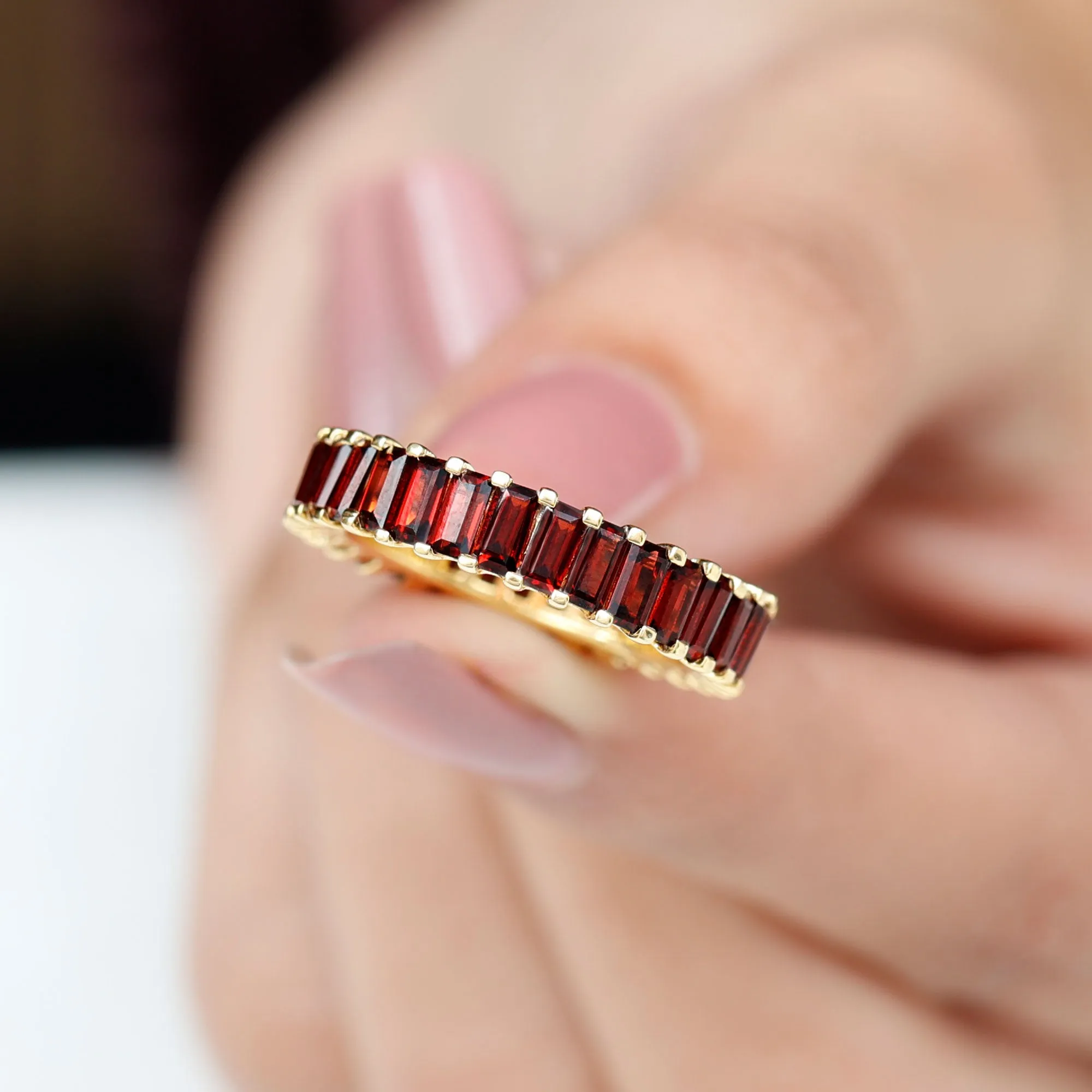 7 CTW Baguette Cut Garnet Eternity Ring in Shared Prong Setting