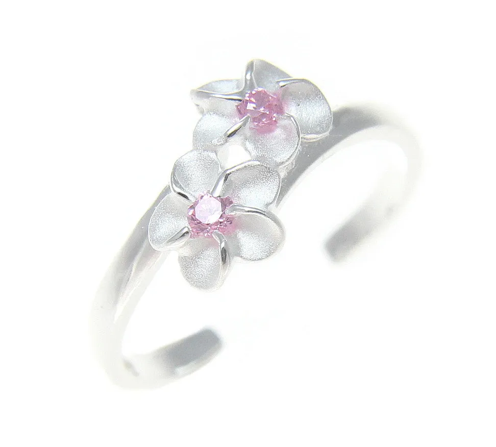 925 Sterling Silver Hawaiian Double Plumeria Flower Pink CZ Open Toe Ring