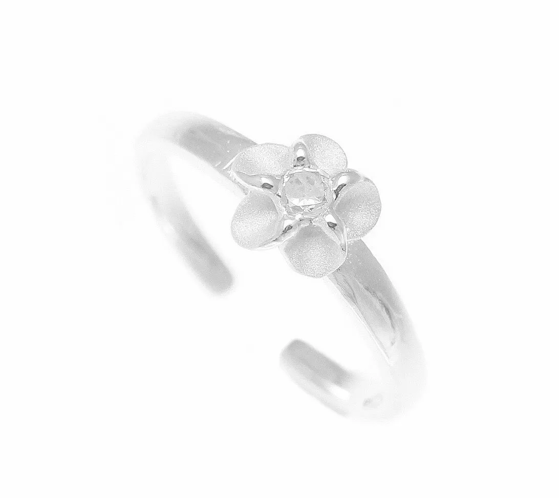 925 Sterling Silver Hawaiian Single Plumeria Flower White CZ Open Toe Ring