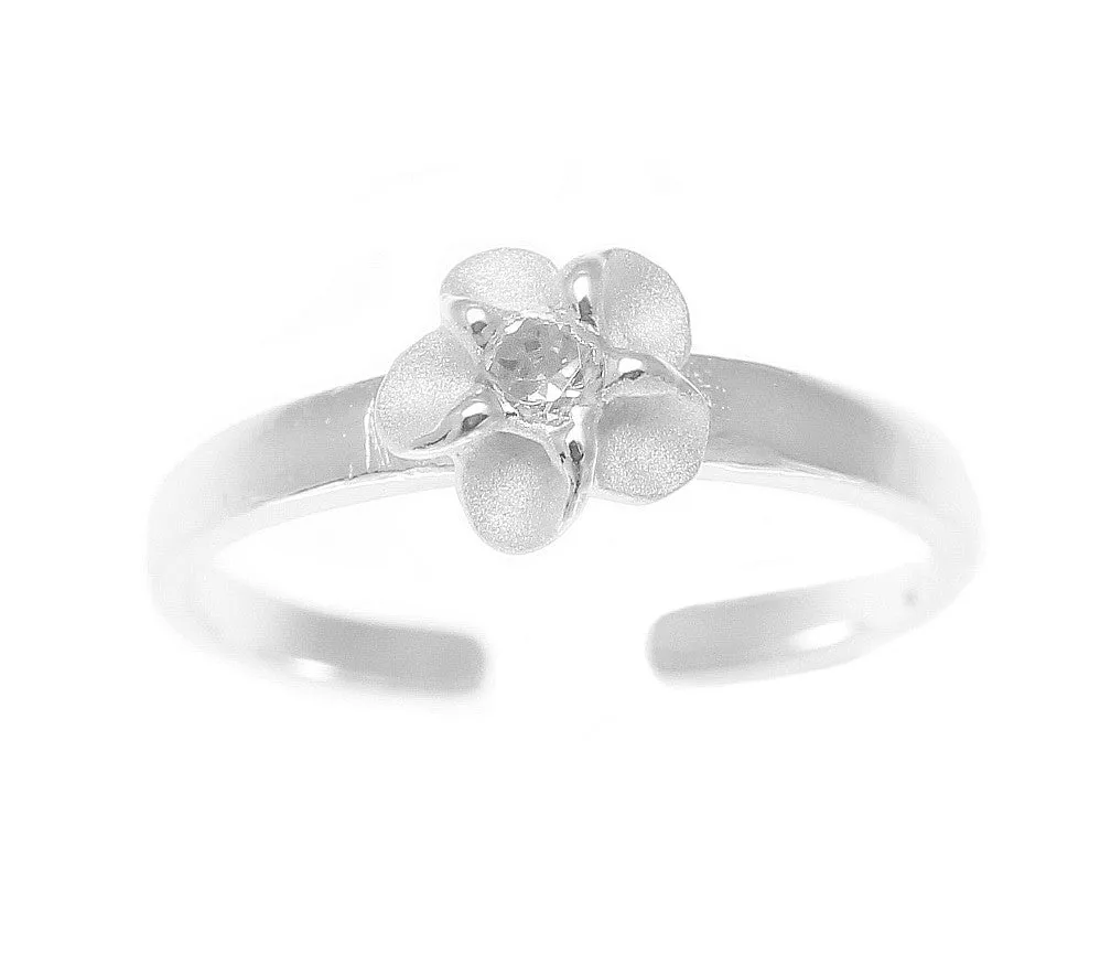 925 Sterling Silver Hawaiian Single Plumeria Flower White CZ Open Toe Ring