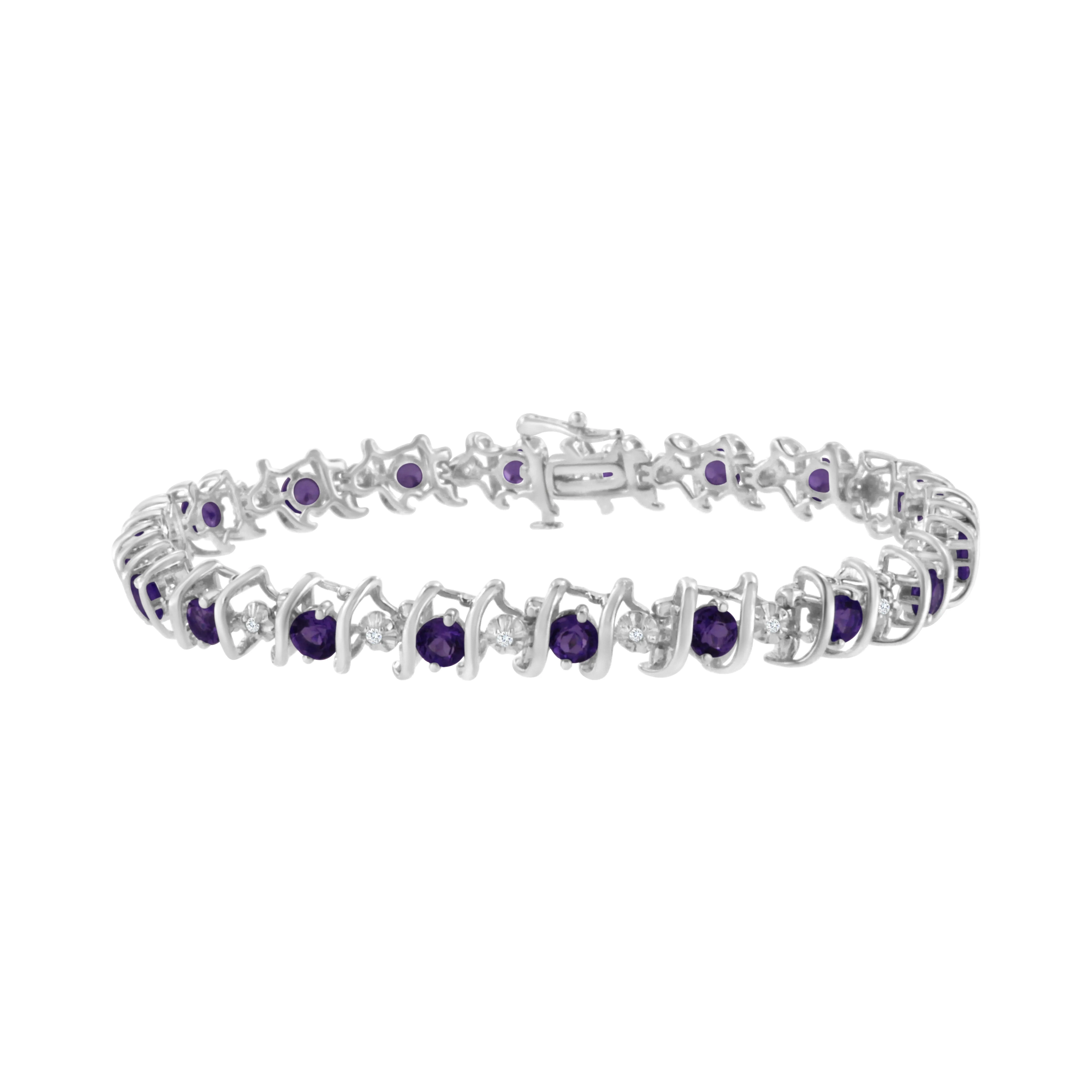 .925 Sterling Silver Lab-Grown Birthstone and 1/6 Cttw Round Diamond Tennis Bracelet