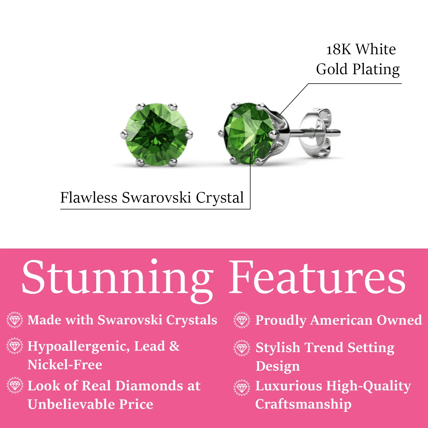 August Birthstone Peridot Earrings 18k White Gold Plated Stud Earrings with 1CT Swarovski Crystal