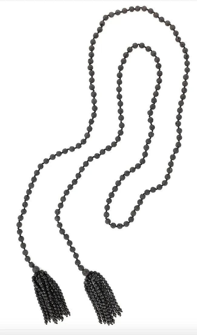 Black Lava Lariat Necklace with onyx tassels