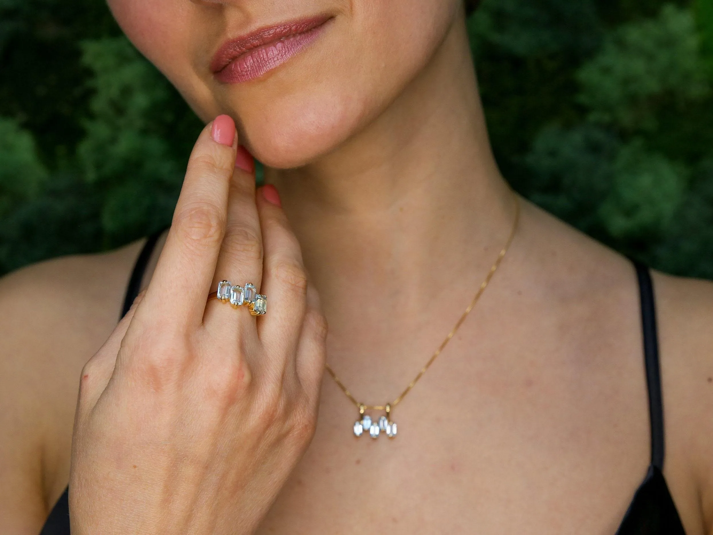 Blue Topaz Gold Ring - Gold Baguette Band - Natural Topaz Ring