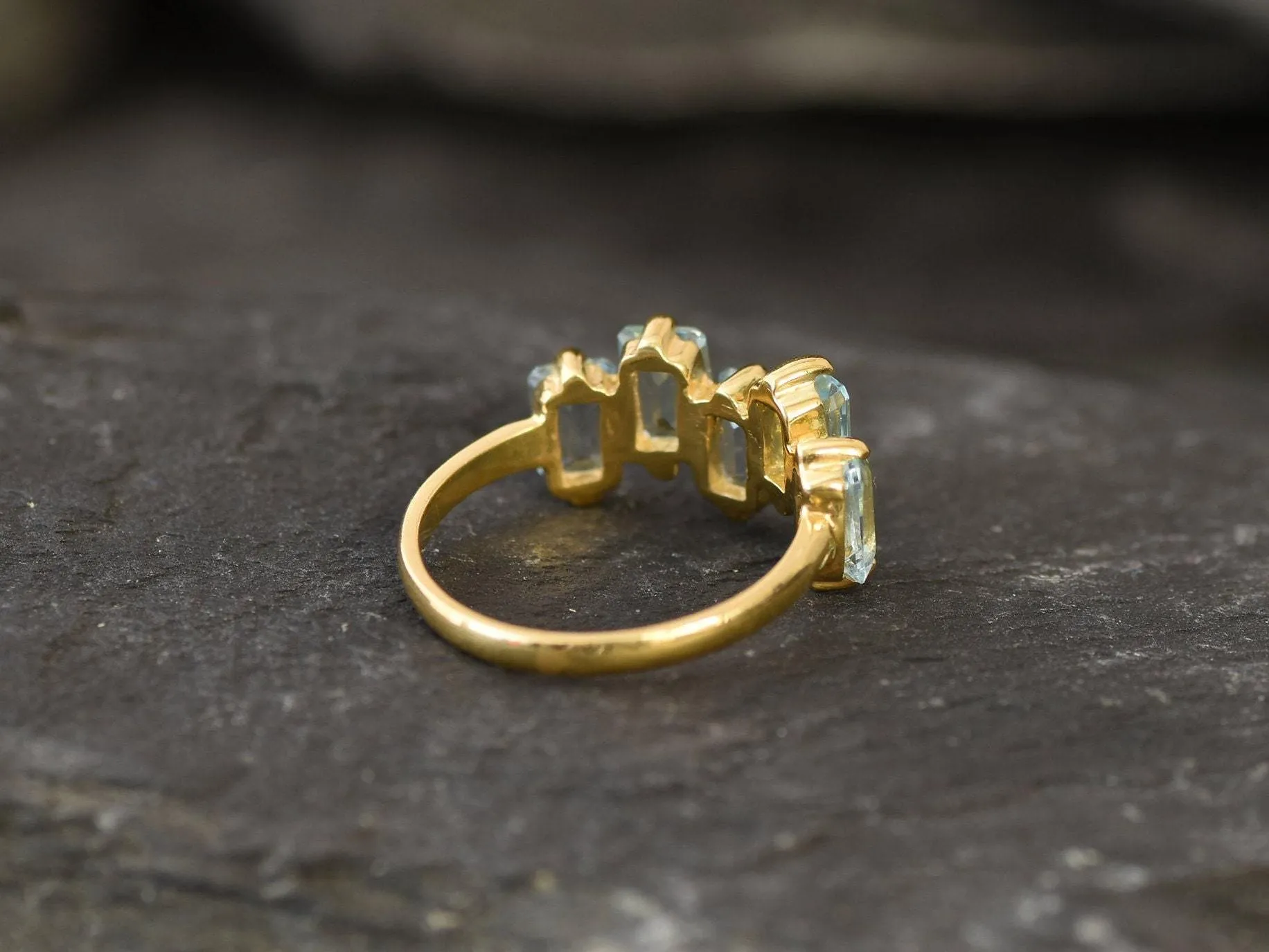 Blue Topaz Gold Ring - Gold Baguette Band - Natural Topaz Ring