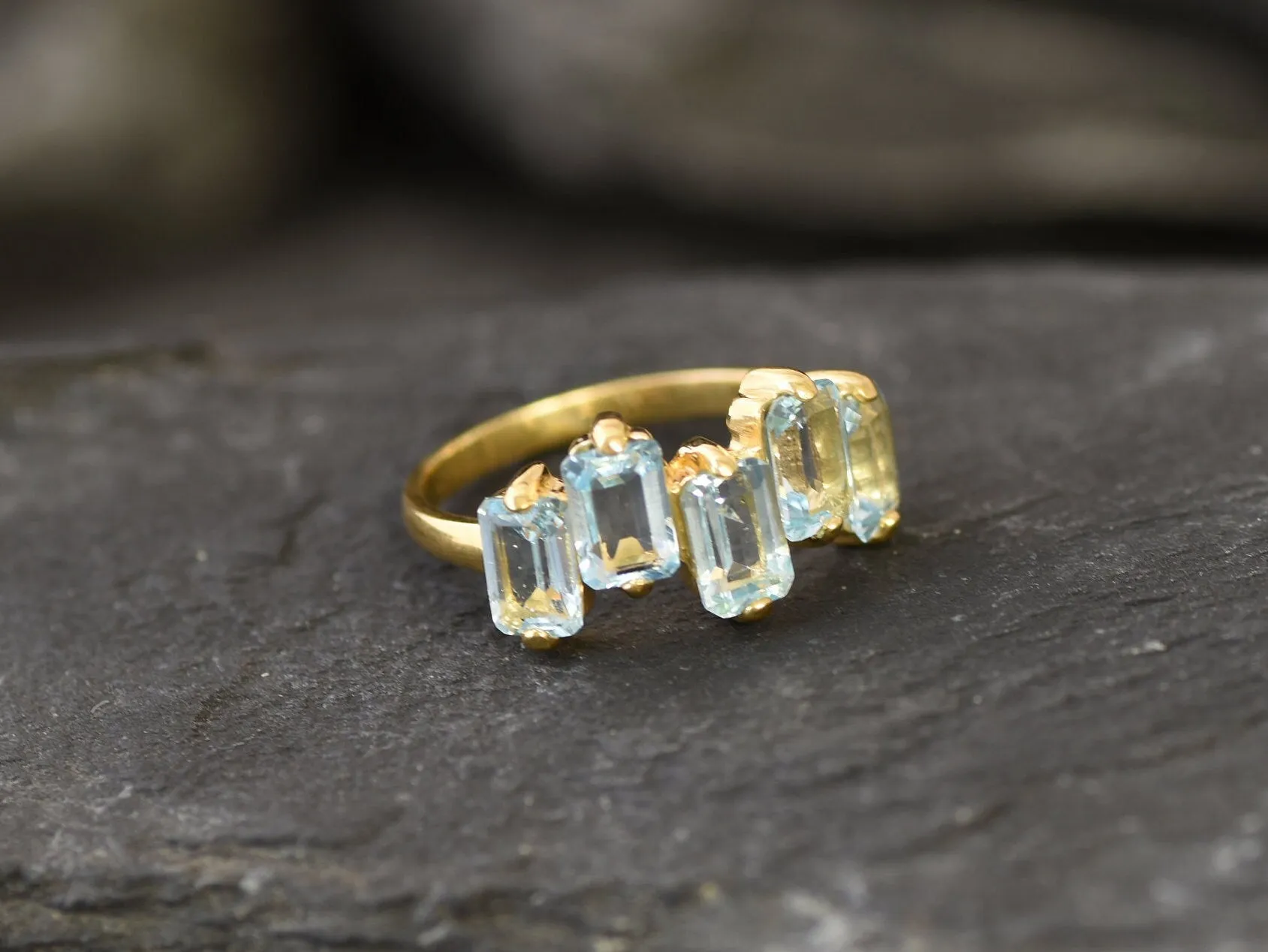 Blue Topaz Gold Ring - Gold Baguette Band - Natural Topaz Ring