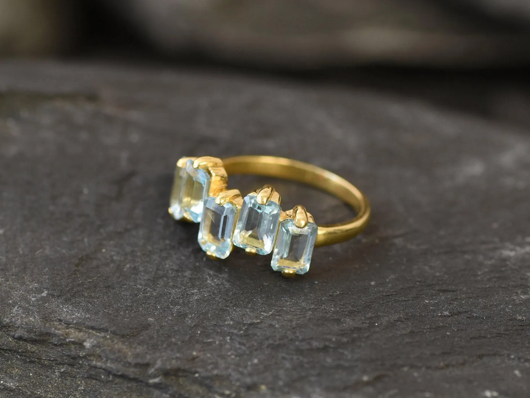 Blue Topaz Gold Ring - Gold Baguette Band - Natural Topaz Ring