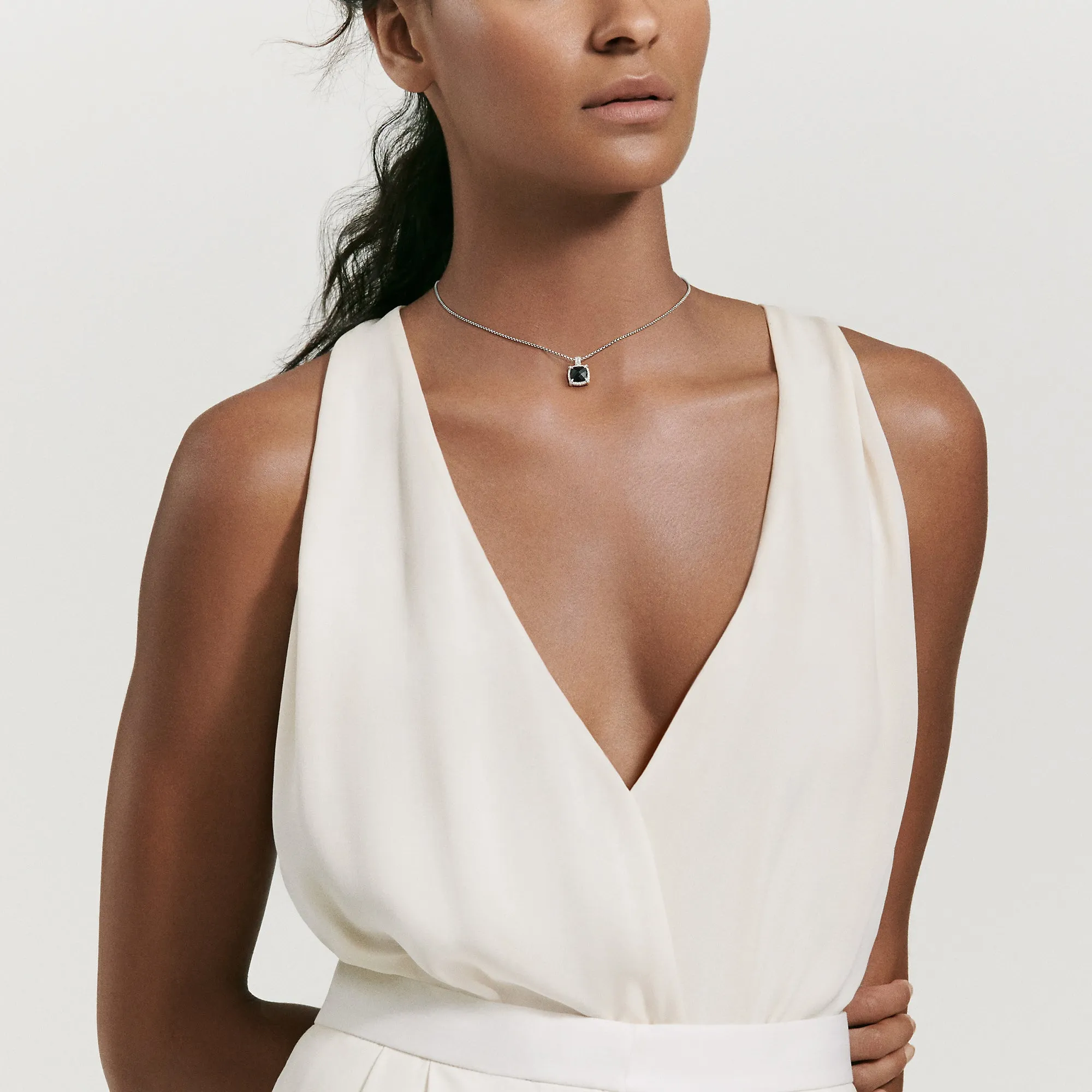 Châtelaine® Pavé Bezel Pendant Necklace with Black Onyx and Diamonds, 9mm