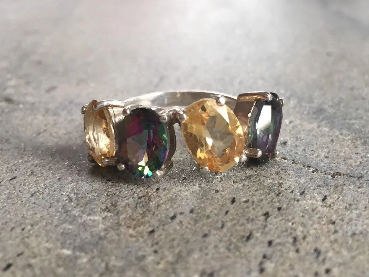 Citrine Silver Band - Mystic Topaz Ring - Multistone Statement Band