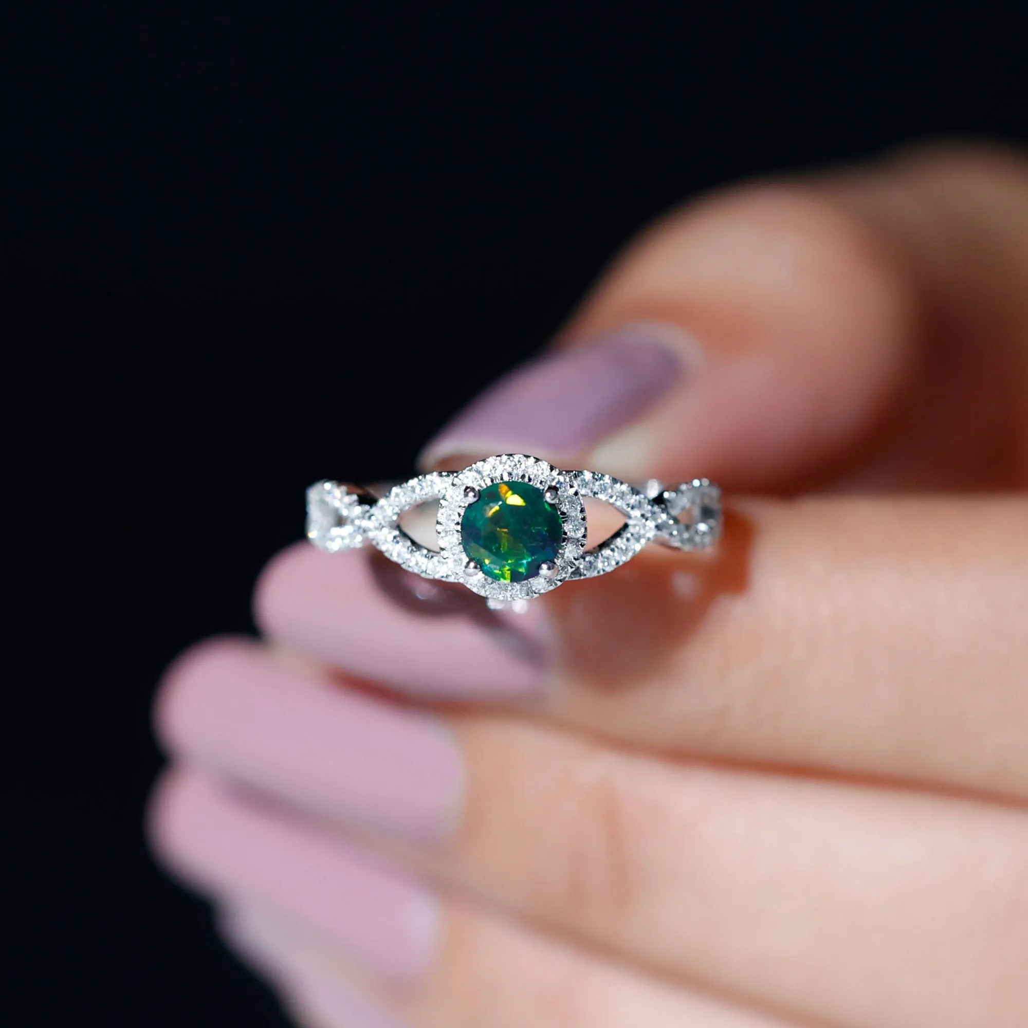 Criss Cross Shank Black Opal and Diamond Halo Engagement Ring