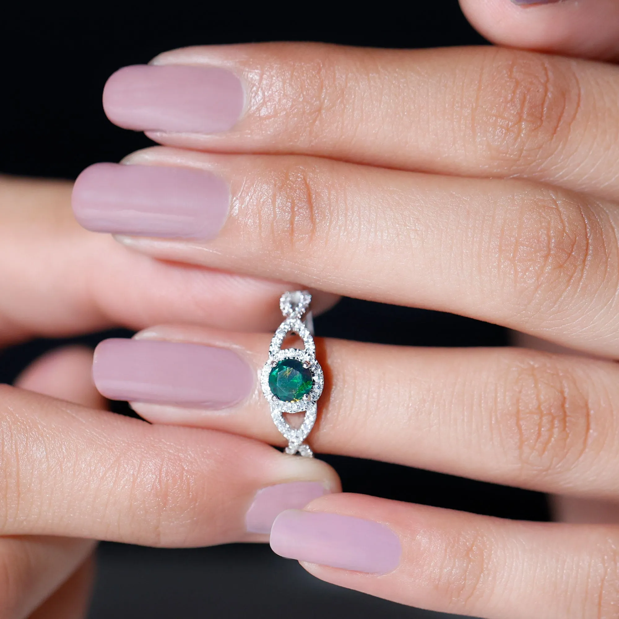 Criss Cross Shank Black Opal and Diamond Halo Engagement Ring