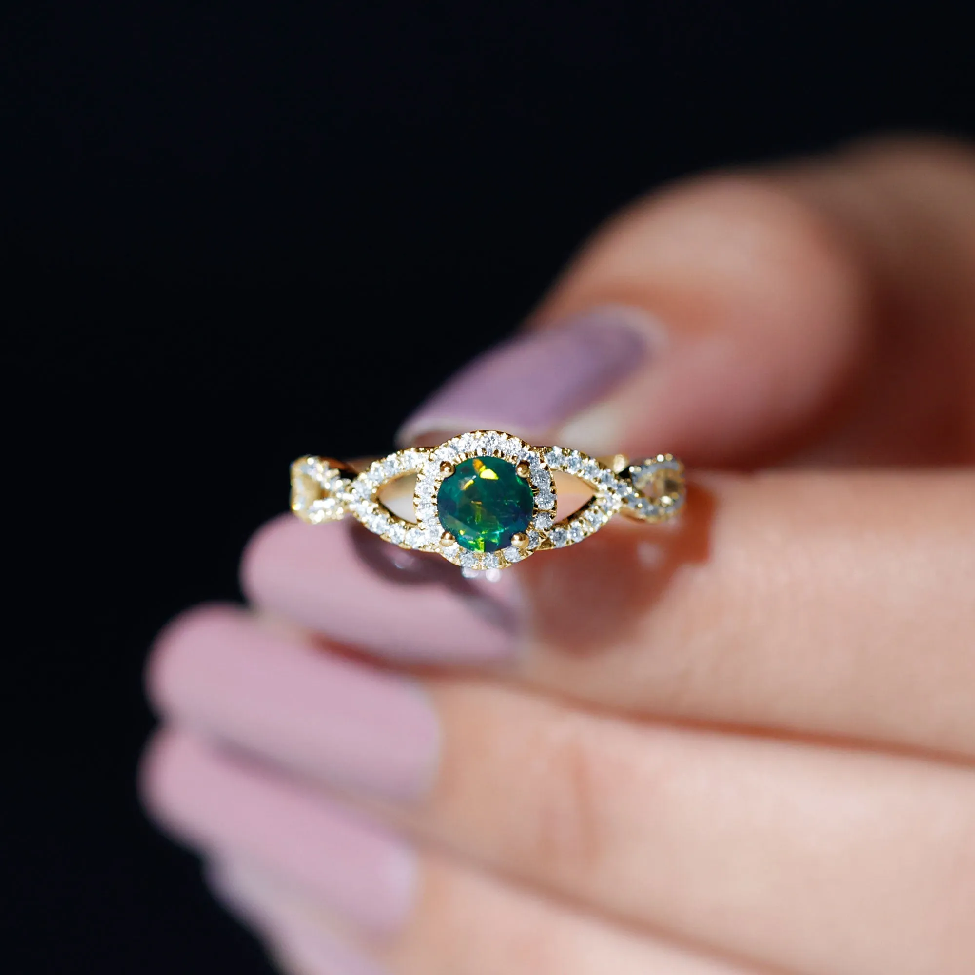 Criss Cross Shank Black Opal and Diamond Halo Engagement Ring