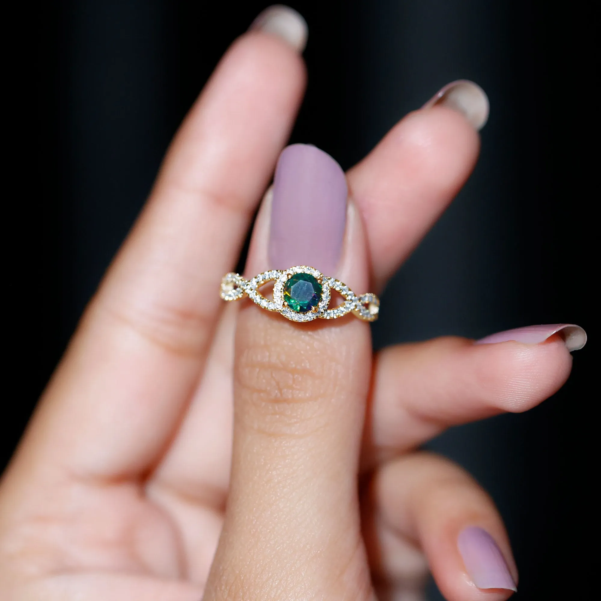 Criss Cross Shank Black Opal and Diamond Halo Engagement Ring