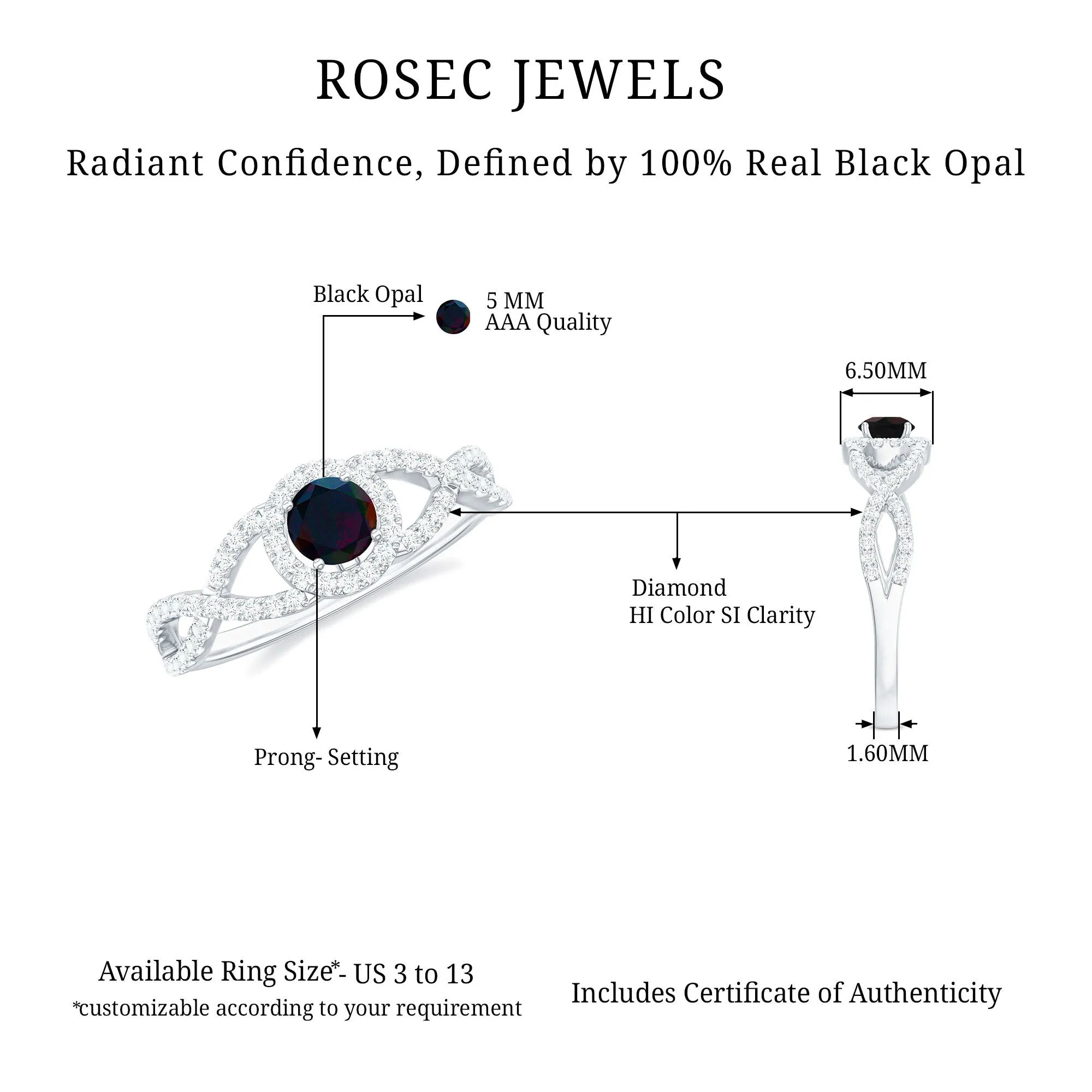 Criss Cross Shank Black Opal and Diamond Halo Engagement Ring