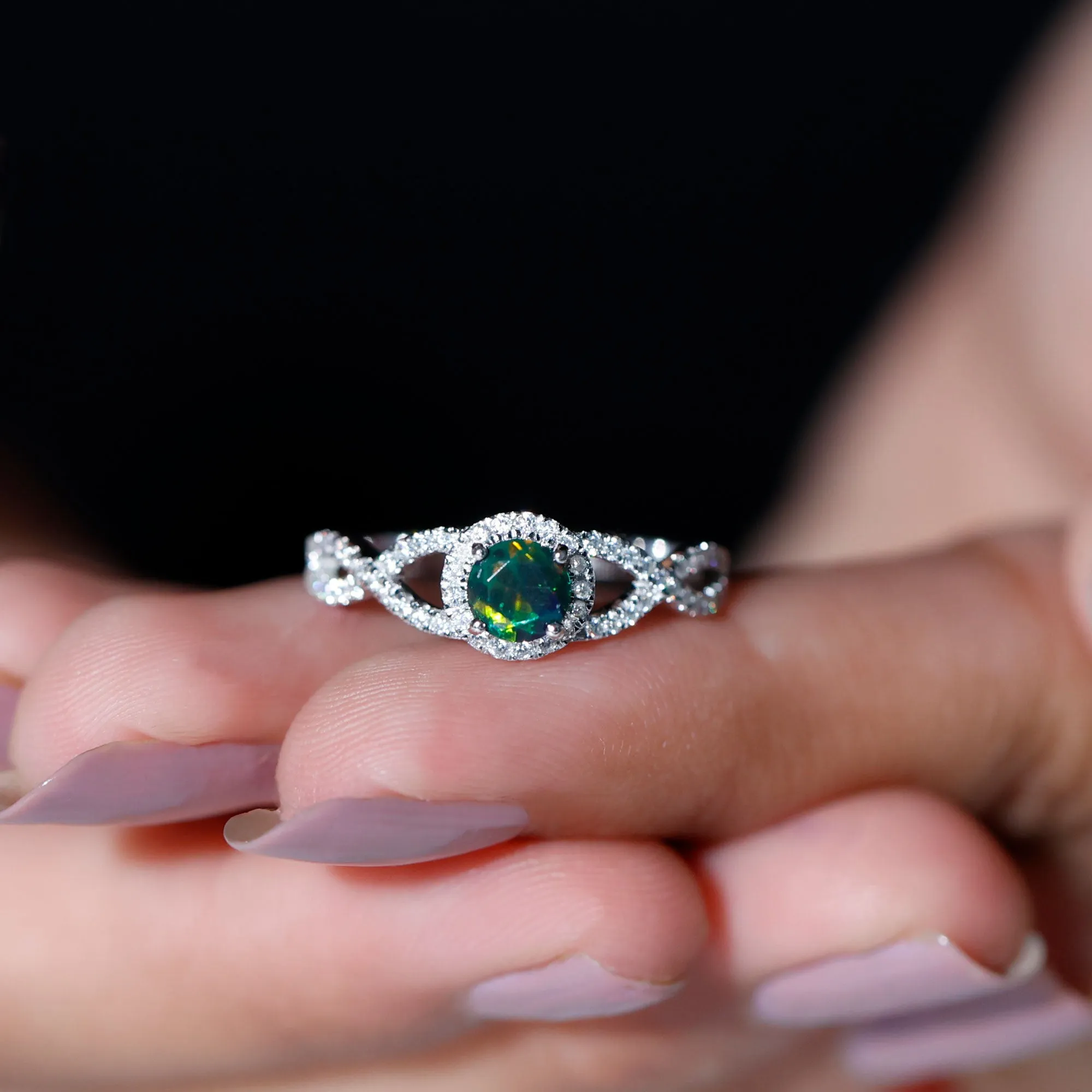 Criss Cross Shank Black Opal and Diamond Halo Engagement Ring