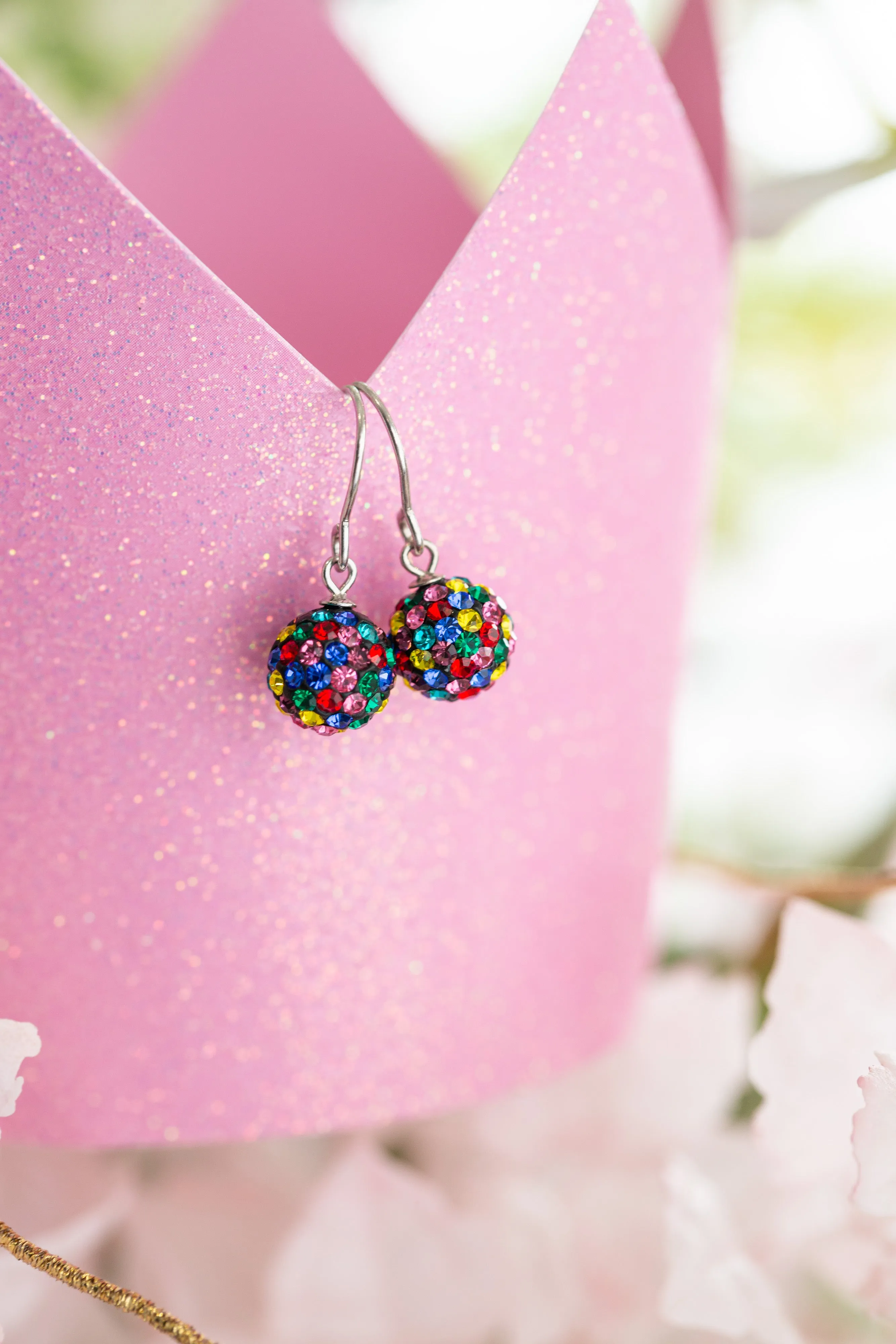 Dangling Disco Ball Crystal Sterling Silver Earrings