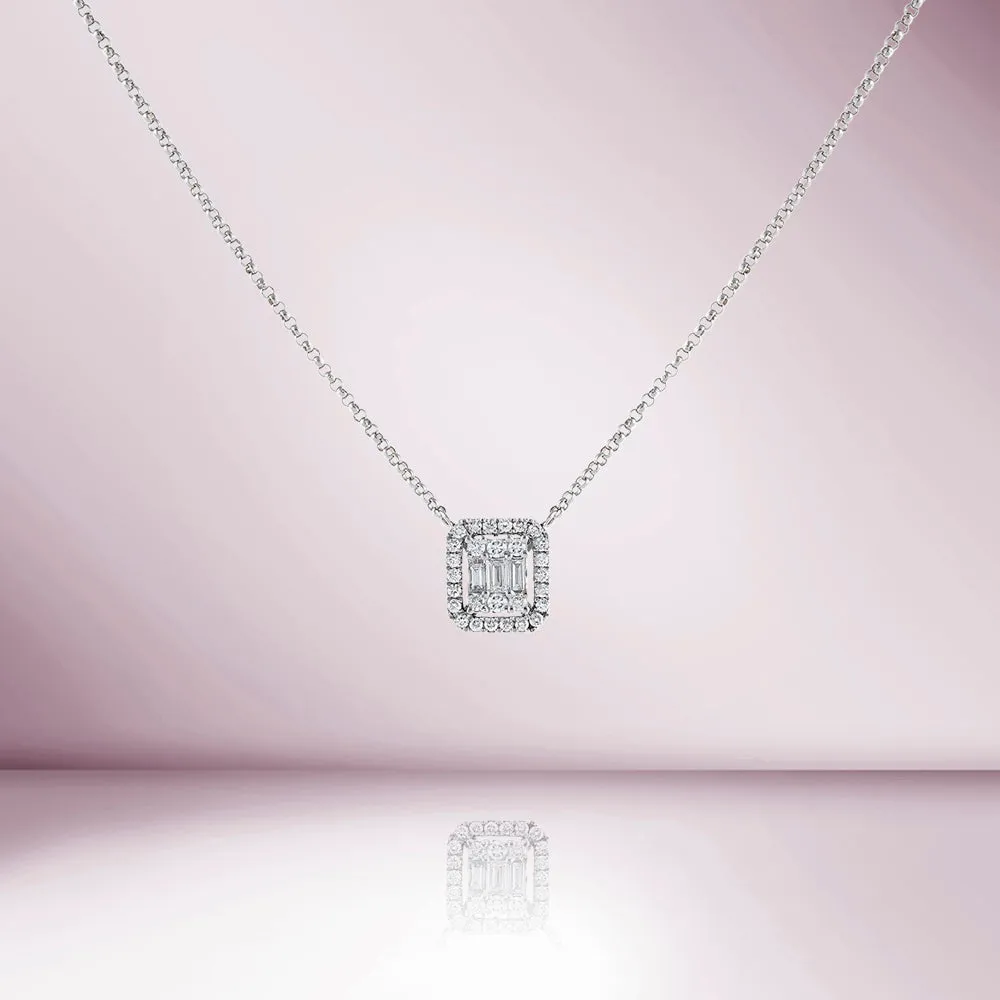 Double Halo Baguette Diamond Rectangular Shape Necklace (0.28 ct.) in 14K Gold