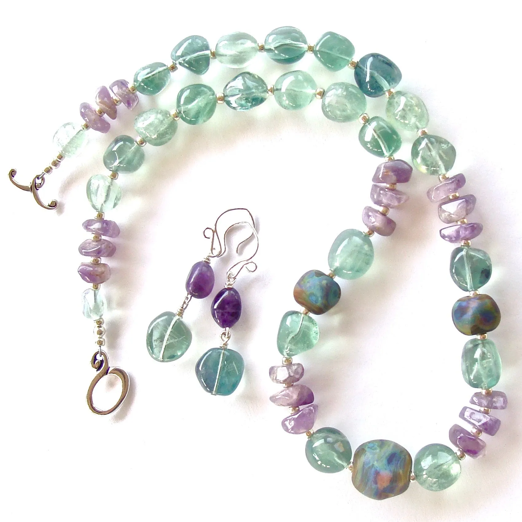 Dove: Art Glass Necklace with Purple and Green Gemstones