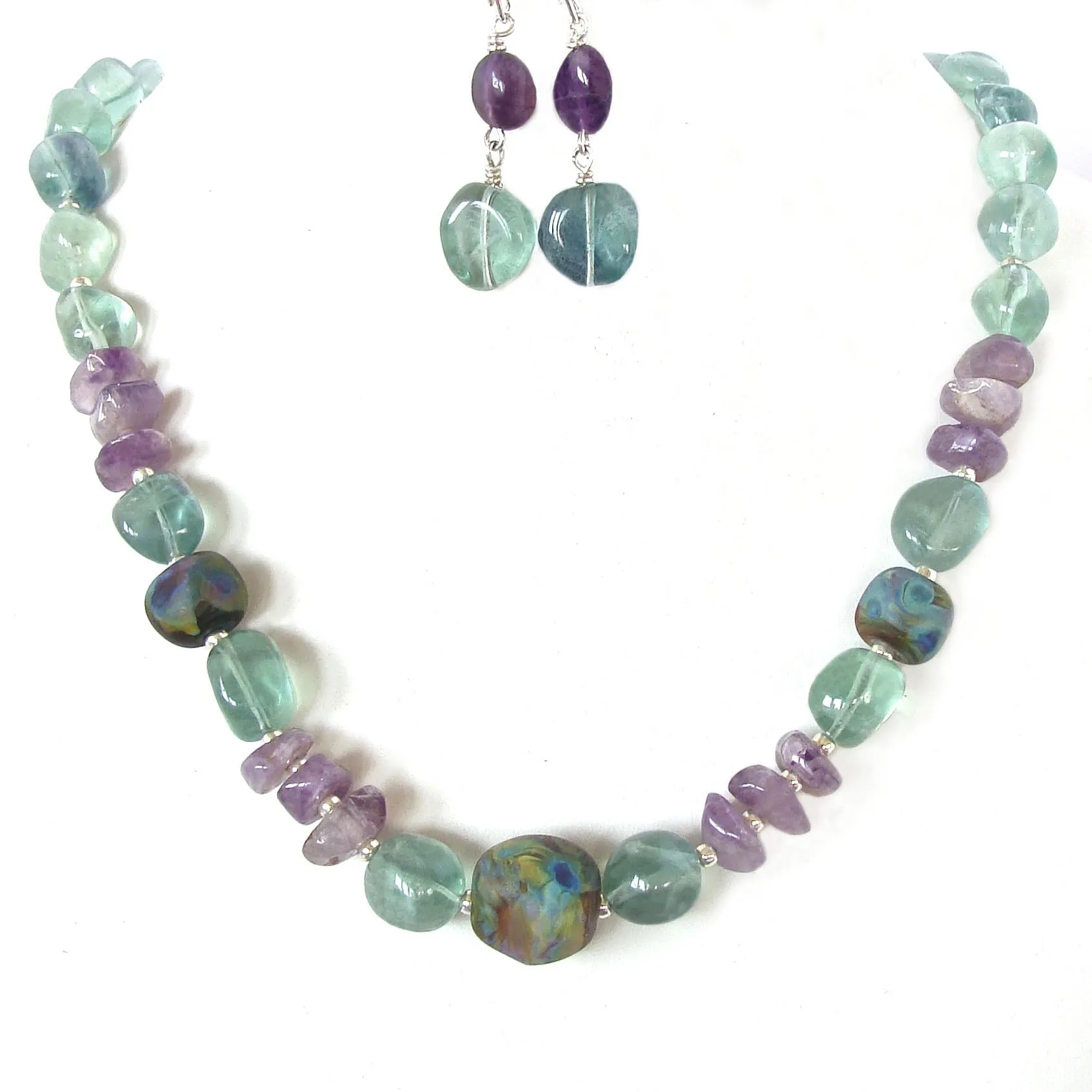 Dove: Art Glass Necklace with Purple and Green Gemstones