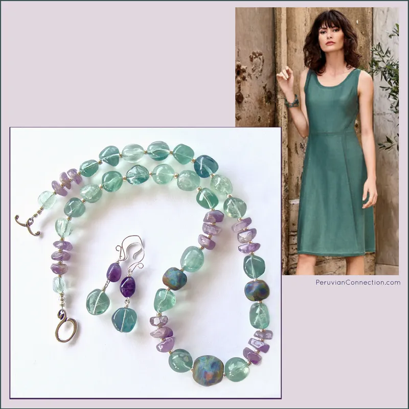 Dove: Art Glass Necklace with Purple and Green Gemstones