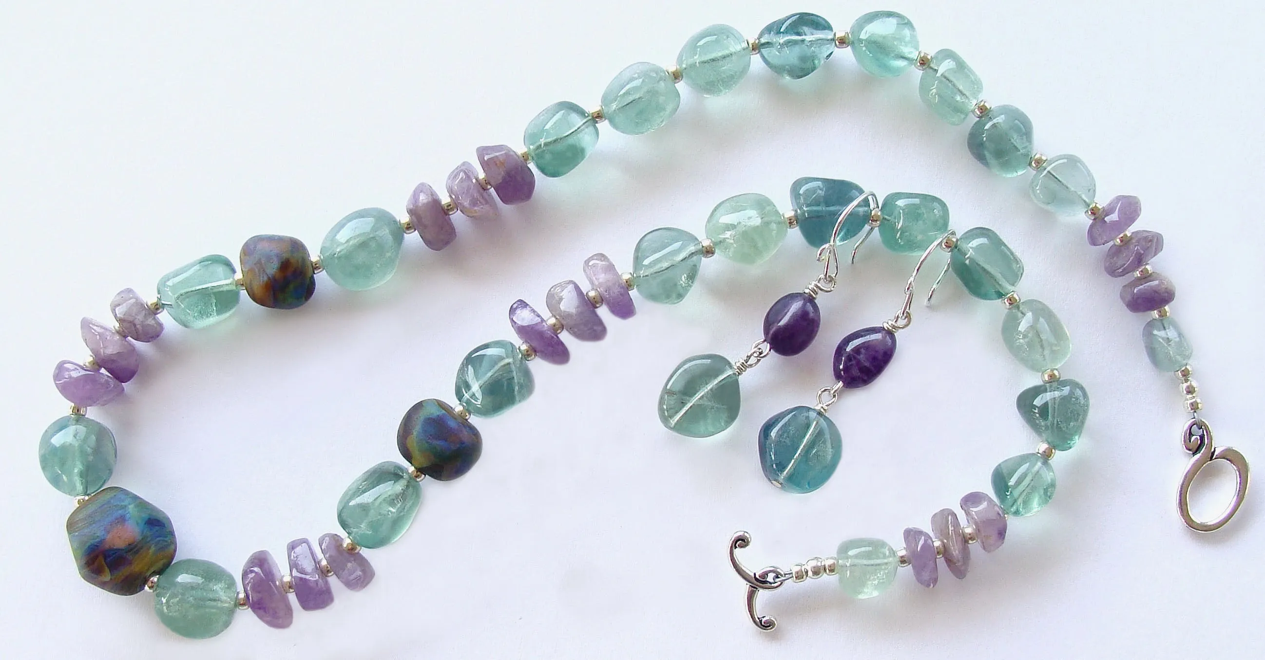 Dove: Art Glass Necklace with Purple and Green Gemstones