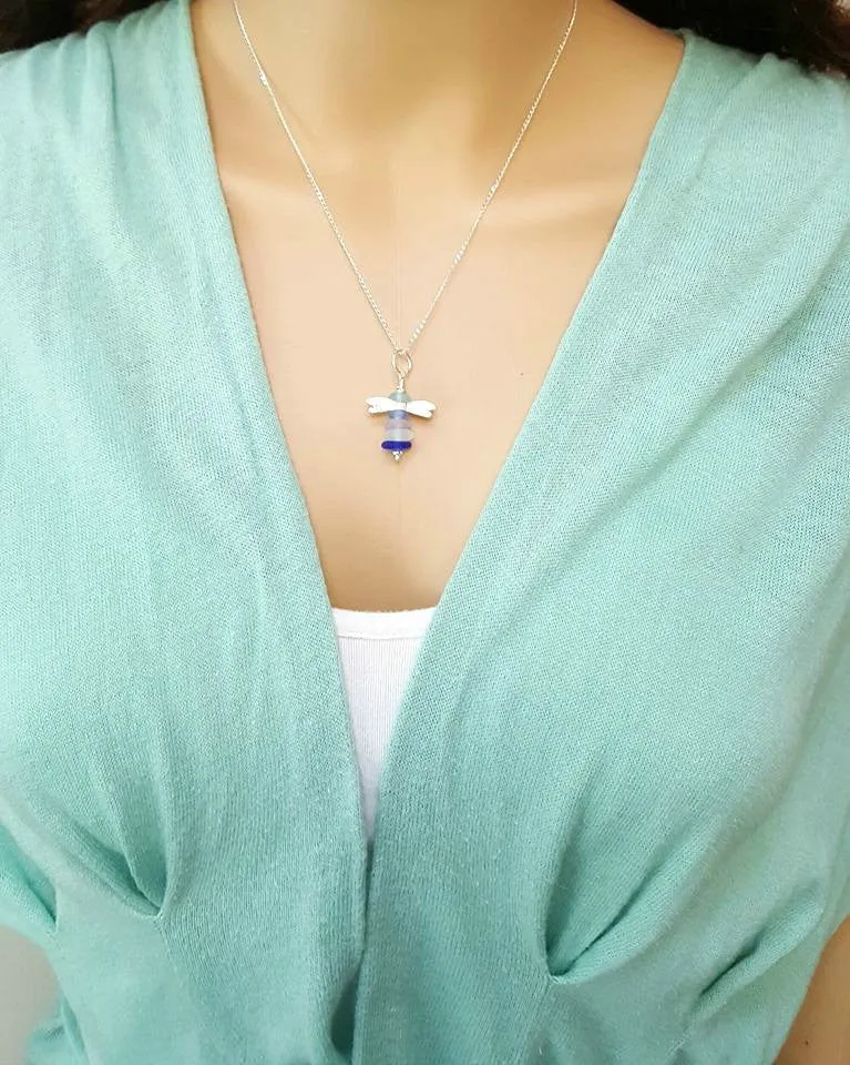 Dragonfly Necklace Genuine Sea Glass Jewelry In Pastels And Sterling Silver