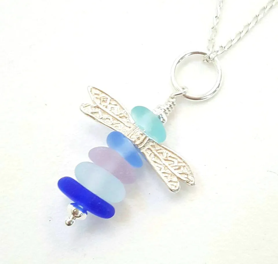 Dragonfly Necklace Genuine Sea Glass Jewelry In Pastels And Sterling Silver