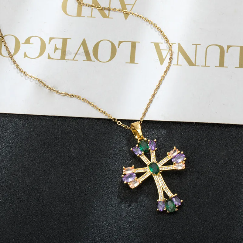 Emerald Amethyst Morganite CZ Cross Pendant Necklace