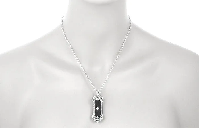 Filigree Onyx and Diamond Edwardian Pendant to Pin Convertible Necklace in Sterling Silver