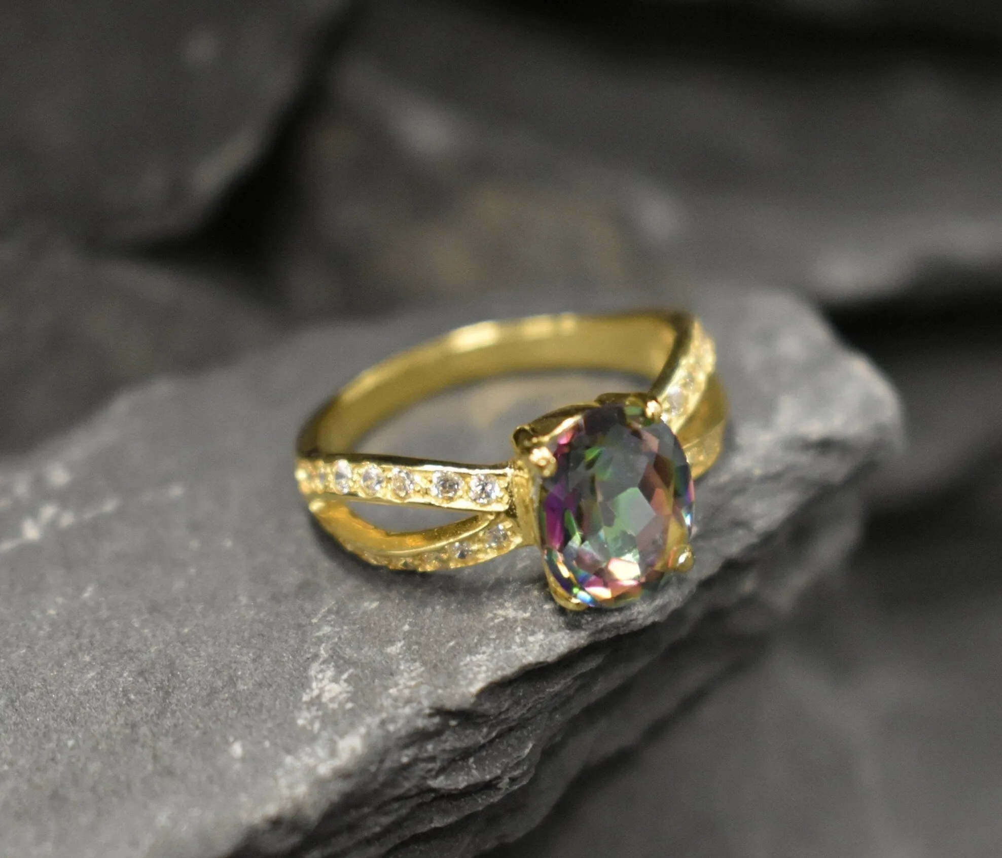 Gold Topaz Ring - Mystic Topaz Ring - Purple Split Shank Ring