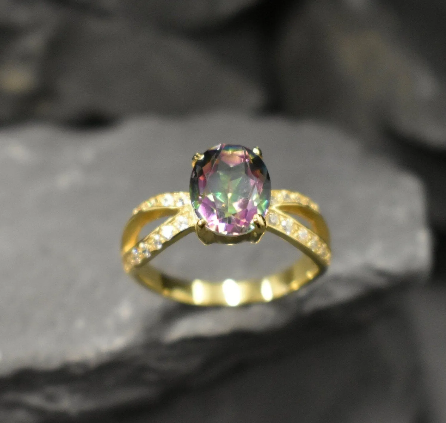 Gold Topaz Ring - Mystic Topaz Ring - Purple Split Shank Ring