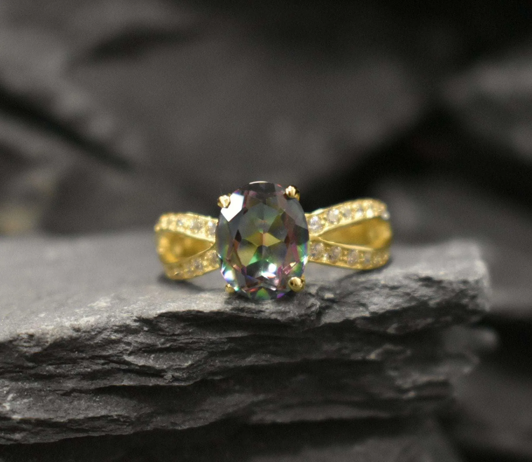 Gold Topaz Ring - Mystic Topaz Ring - Purple Split Shank Ring