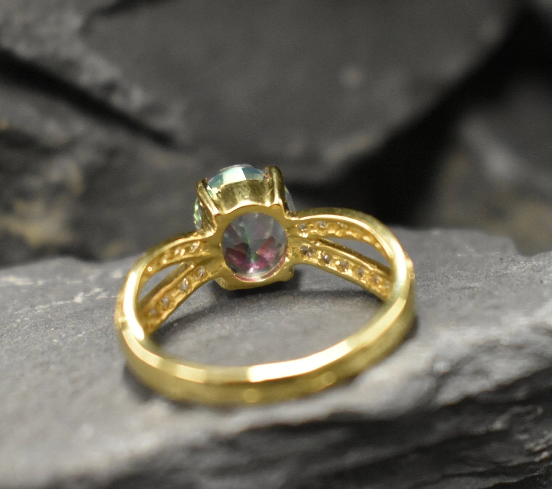 Gold Topaz Ring - Mystic Topaz Ring - Purple Split Shank Ring