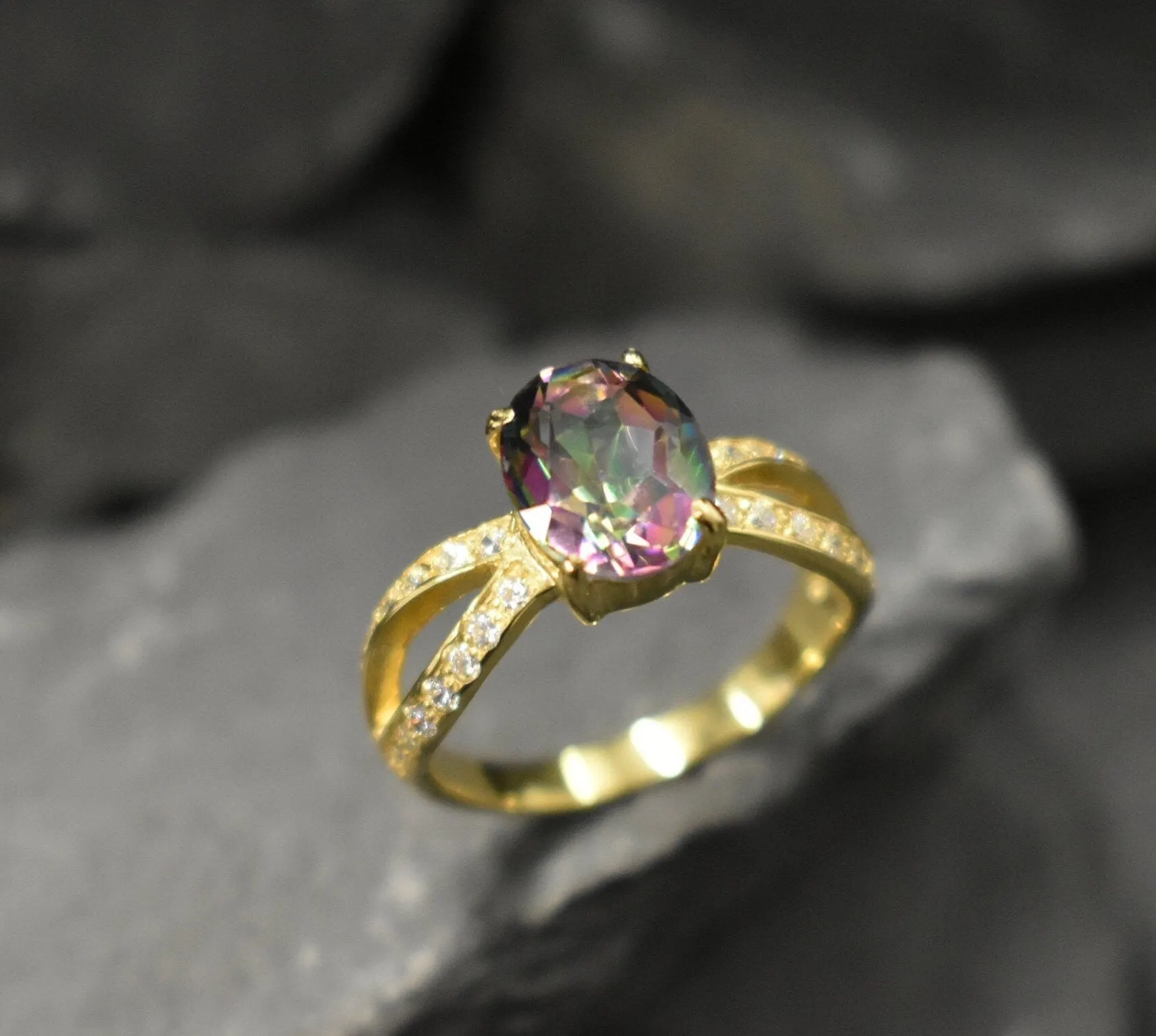 Gold Topaz Ring - Mystic Topaz Ring - Purple Split Shank Ring