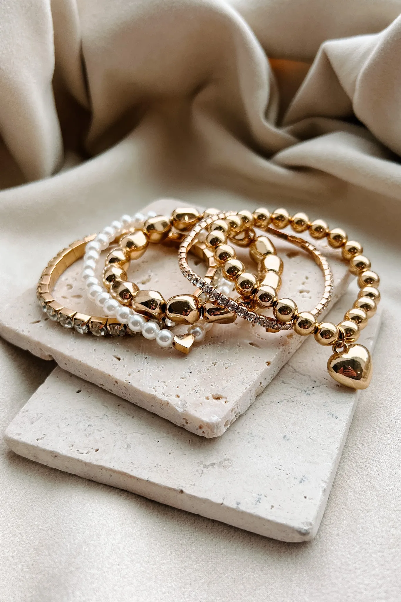 Hearts Content 5 Piece Stretch Bracelet Set (Gold)