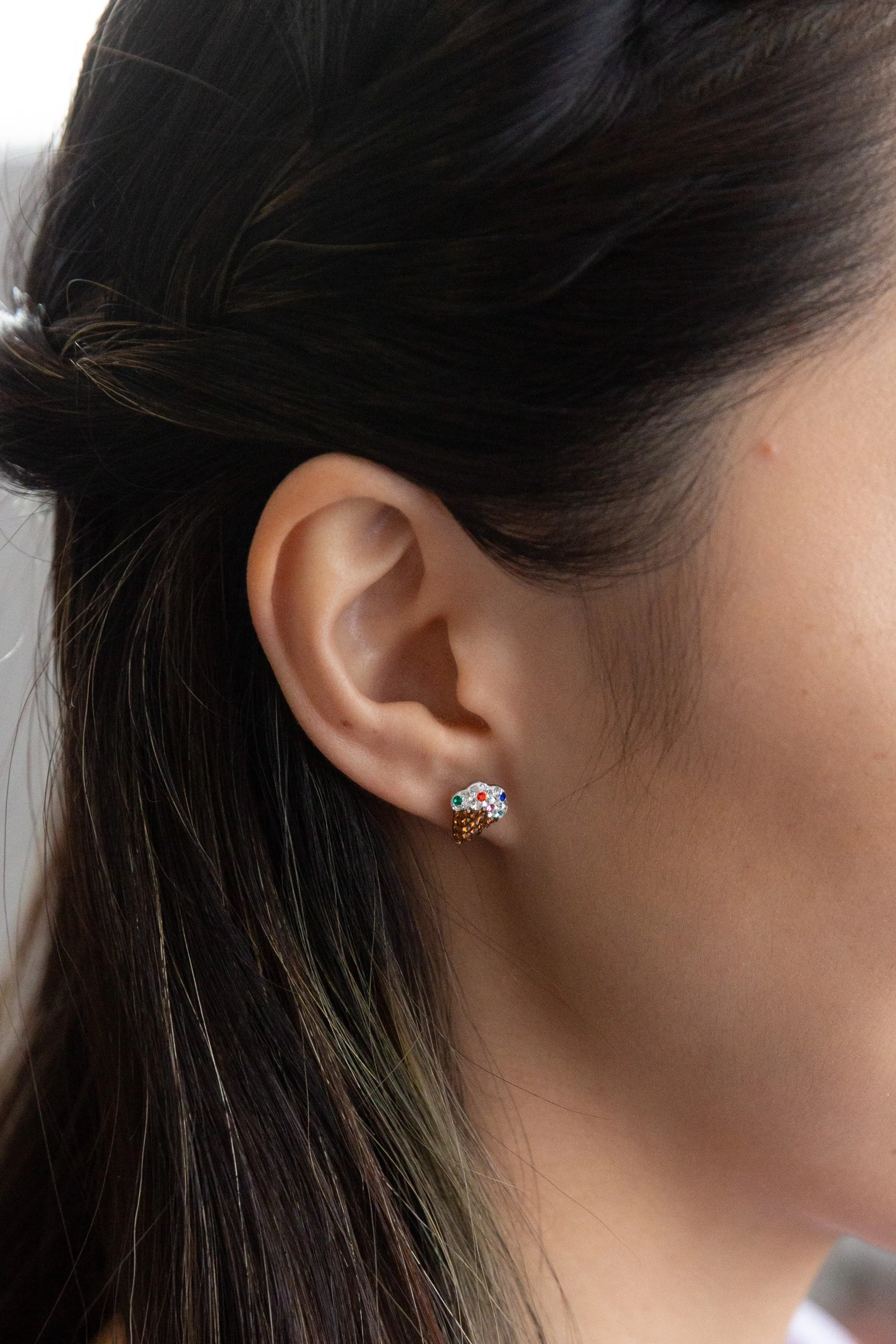 Ice Cream Cone Crystal Stud Sterling Silver Earrings