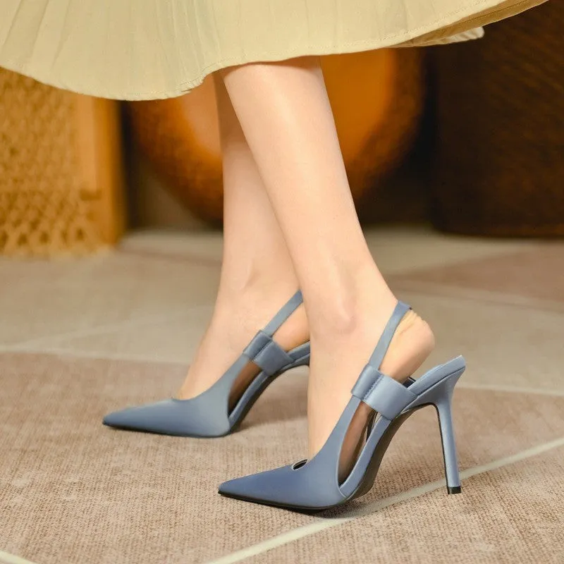 ikearlax Women's Stiletto Heels  Autumn New Satin Blue Pointed Toe Pumps Back Strap One-Suit Skirt Women's Closed Toe Sandals