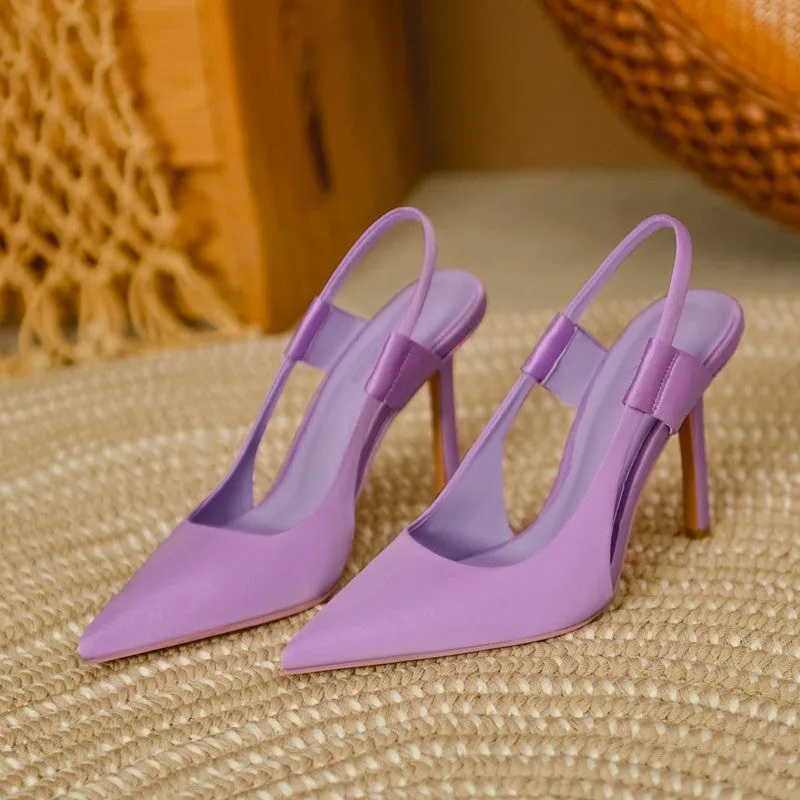 ikearlax Women's Stiletto Heels  Autumn New Satin Blue Pointed Toe Pumps Back Strap One-Suit Skirt Women's Closed Toe Sandals